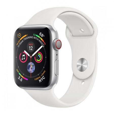 Умные часы Apple Watch Series 4 GPS + Cellular, 44 мм, корпус из алюминия серебристого цвета, спортивный ремешок белого цвета (MTUU2) фото 1