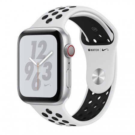 Умные часы Apple Watch Series 4 GPS + Cellular, 44 мм, корпус из алюминия серебристого цвета, спортивный ремешок Nike цвета «чистая платина/чёрный» (MTXC2/MTXK2) фото 1
