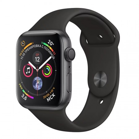 Умные часы Apple Watch Series 4 GPS, 44 мм, корпус из алюминия цвета «серый космос», спортивный ремешок чёрного цвета (MU6D2) фото 1