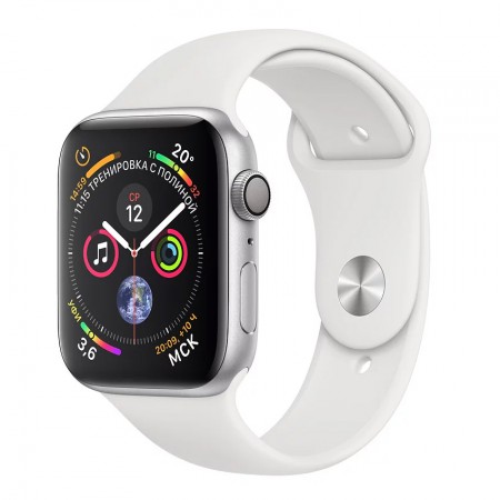 Умные часы Apple Watch Series 4 GPS, 44 мм, корпус из алюминия серебристого цвета, спортивный ремешок белого цвета (MU6A2) фото 1