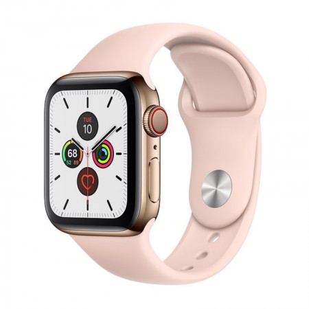 Умные часы Apple Watch Series 5 GPS + Cellular, 44 мм, корпус из нержавеющей стали золотого цвета, спортивный ремешок цвета «розовый песок» (MWQN2) фото 1