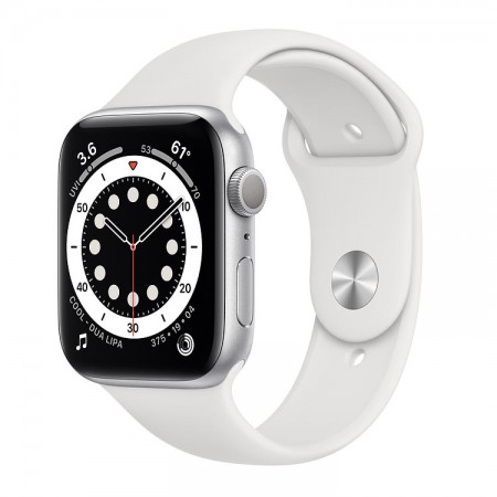 Часы Apple Watch Series 6, 44 мм, серебристый алюминий, белый спортивный ремешок фото 1