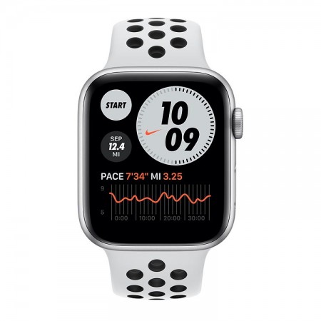 Часы Apple Watch Series 6 Nike, 44 мм, серебристый алюминий, спортивный ремешок Nike цвета «чистая платина/чёрный» фото 2