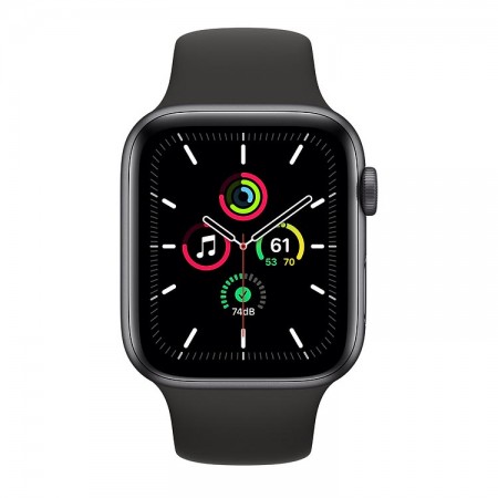 Часы Apple Watch SE, 44 мм, алюминий цвета «серый космос», чёрный спортивный ремешок фото 1